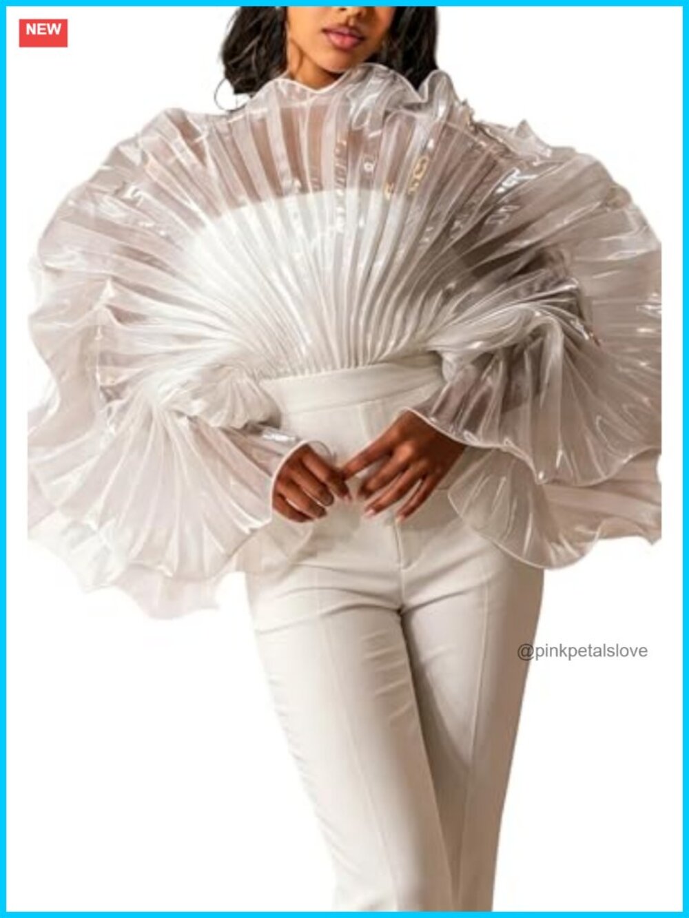 Women's Sheer Pleated Crop Top Ruffle Sleeve See Through Blouse